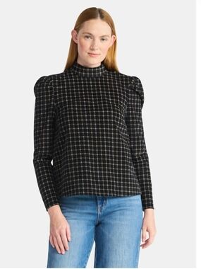 NWT Time and Tru Corduroy Tie Neck Blouse Long Sleeve Black Soot Print L Women